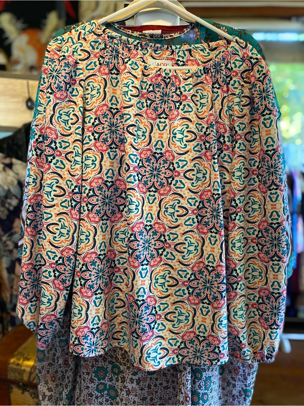 Denim&Co Teal Pink Yellow Floral Tile Print Blouse